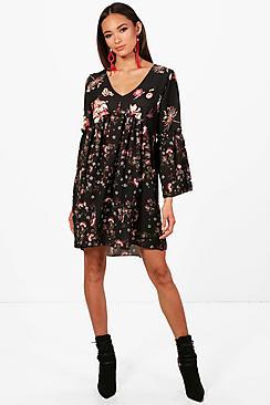 Boohoo Kayla Mixed Print Floral Ruffle Smock Dress