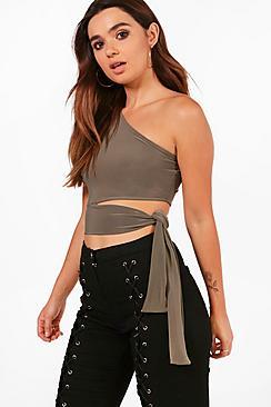 Boohoo Petite Zoe One Shoulder Tie Waist Crop