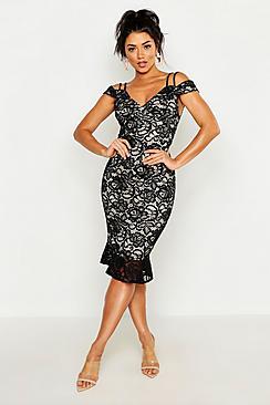Boohoo Lace Cold Shoulder Ruffle Hem Midi Dress
