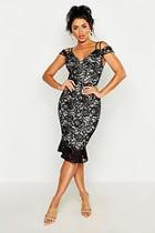 Boohoo Lace Cold Shoulder Ruffle Hem Midi Dress