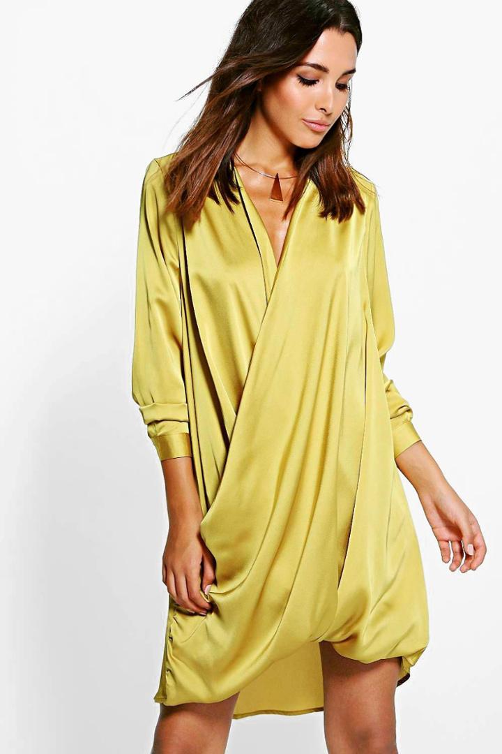 Boohoo Jinnie Satin Wrap Front Shift Dress Chartreuse