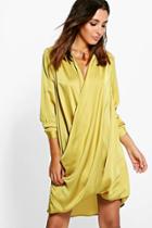 Boohoo Jinnie Satin Wrap Front Shift Dress Chartreuse