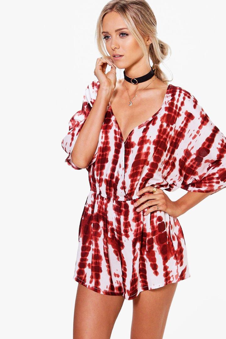 Boohoo Jen Tie Dye Wrap Front Batwing Playsuit Multi