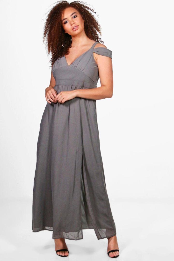 Boohoo Plus Sara Chiffon Open Shoulder Maxi Dress Grey