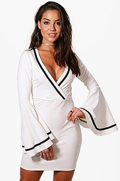Boohoo Holly Wrap Flared Sleeve Bodycon Dress