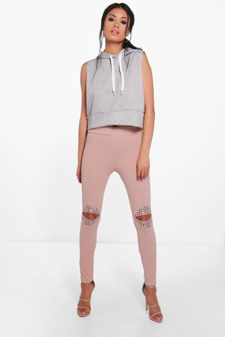 Boohoo Florence Split Knee Studded High Waist Leggings Sand