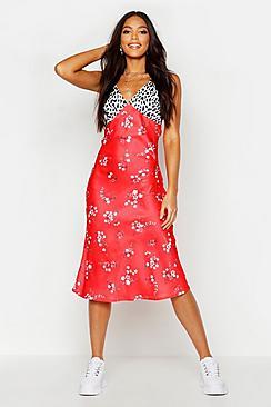 Boohoo Tall Satin Mixed Floral Bias Cut Midi Dress
