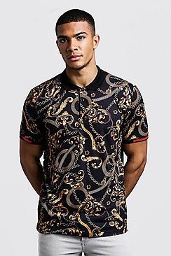 Boohoo Polo With Baroque Print & Sleeve Detail