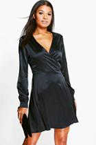 Boohoo Melody Satin Wrap Over Skater Dress Black