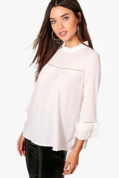 Boohoo Louise Ruffle Sleeve Crochet Trim Blouse
