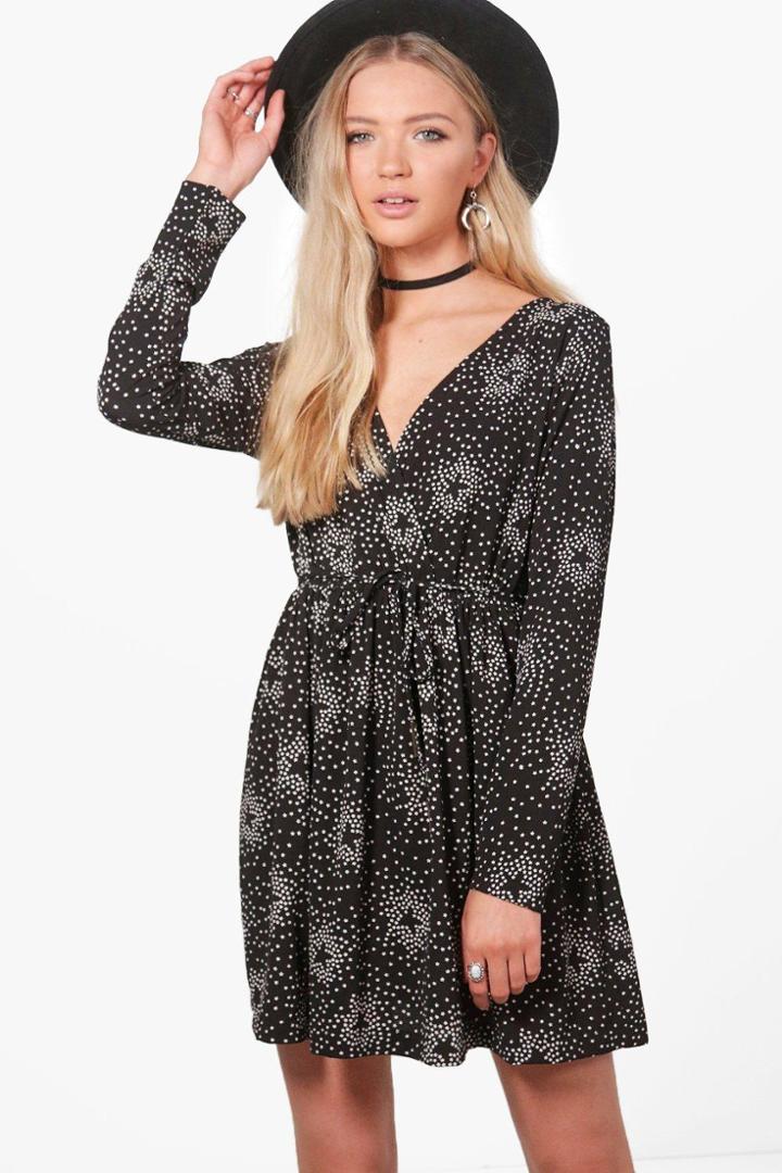 Boohoo Sabina Star Print Bolo Neck Tie Skater Dress Black