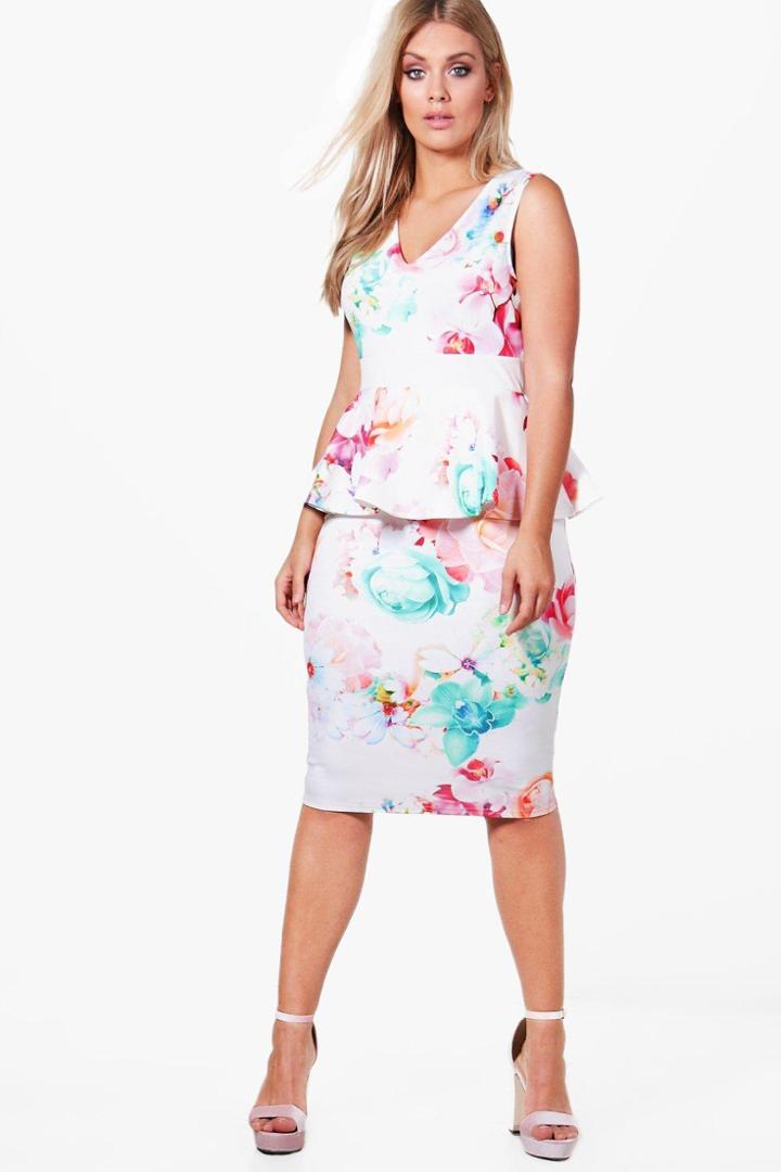 Boohoo Plus Sara Midi Floral Deep V Peplum Dress Multi