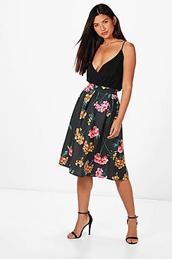 Boohoo Zoey Mixed Floral Full Box Pleat Midi Skirt
