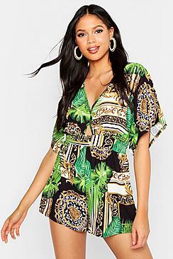 Boohoo Tall Jungle Scarf Kimono Sleeve Playsuit
