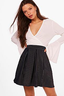 Boohoo Molly Ribbed Stripe Box Pleat Skater Skirt