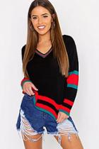 Boohoo Petite Stripe Sleeve V Neck Oversized Sweater