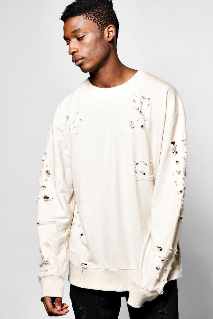 Boohoo Oversized Extreme Destroyed Sweatshirt Stone