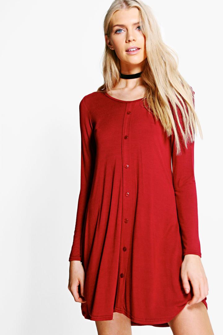 Boohoo Jess Long Sleeve Button Swing Dress Ruby
