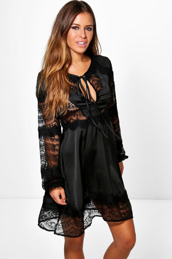 Boohoo Petite Ria Lace + Satin Mix Swing Dress Black