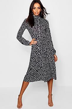 Boohoo High Neck Long Sleeve Dalmation Print Midi Dress