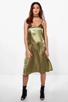 Boohoo Tall Ema Choker Strappy Mid Satin Dress Olive