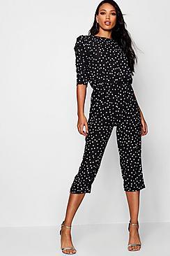 Boohoo Mutton Sleeve Polka Dot Culotte Jumpsuit