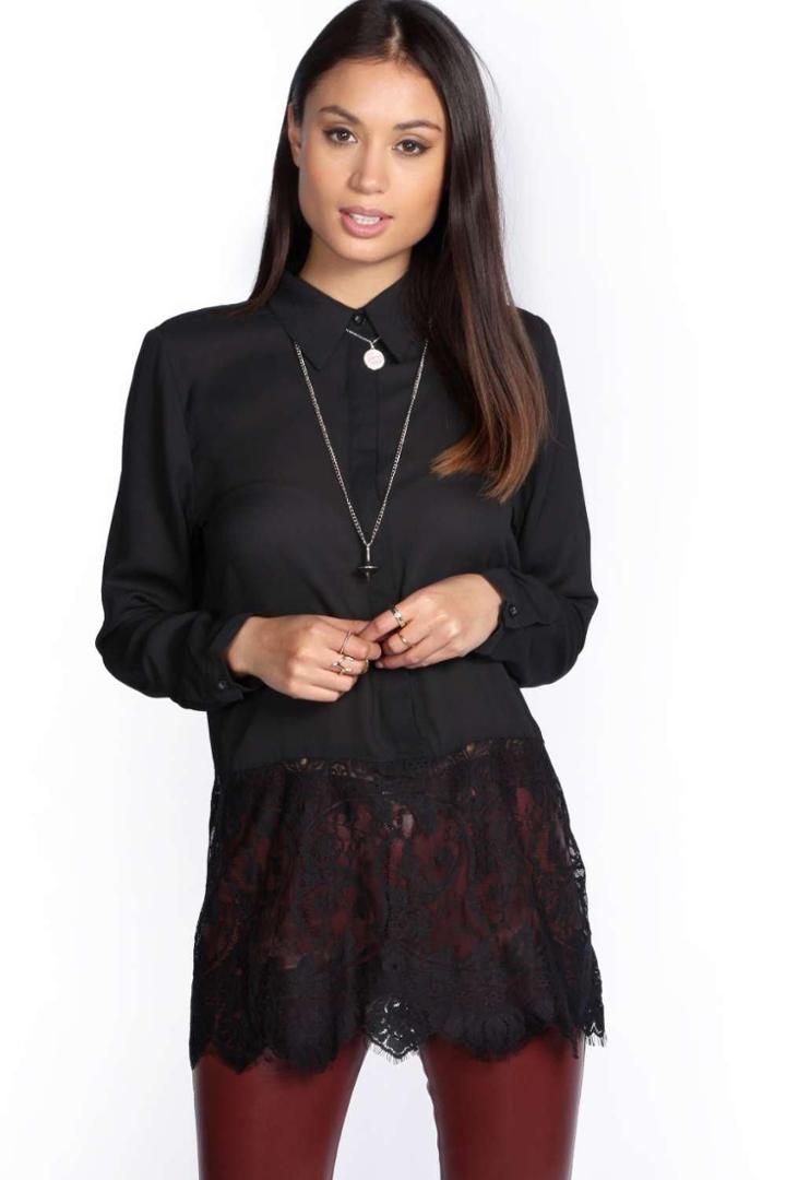 Boohoo Tessa Eyelash Lace Trim Long Sleeve Shirt Black