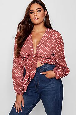 Boohoo Plus Polka Dot Satin Tie Front Top