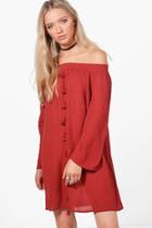 Boohoo Immie Off Shoulder Tassel Shift Dress Rust