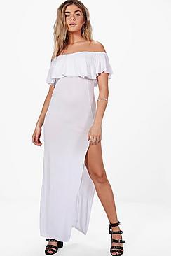 Boohoo Lucy Frill Detail Off The Shoulder Maxi Dress