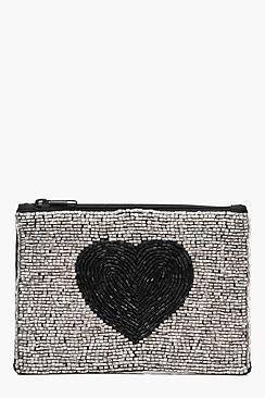 Boohoo Olivia Beaded Heart Zip Top Purse