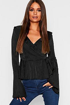 Boohoo Flare Sleeve Pep Hem Wrap Slinky Top