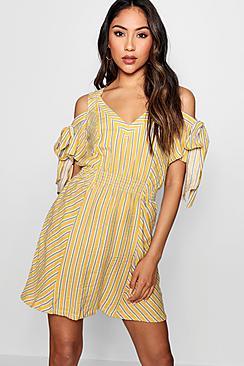 Boohoo Kali Off The Shoulder Striped Skater Dress