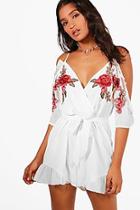 Boohoo Alisha Open Shoulder Embroidered Playsuit