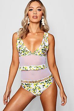 Boohoo Jazan Lemon Cut Out Frill Swimsuit