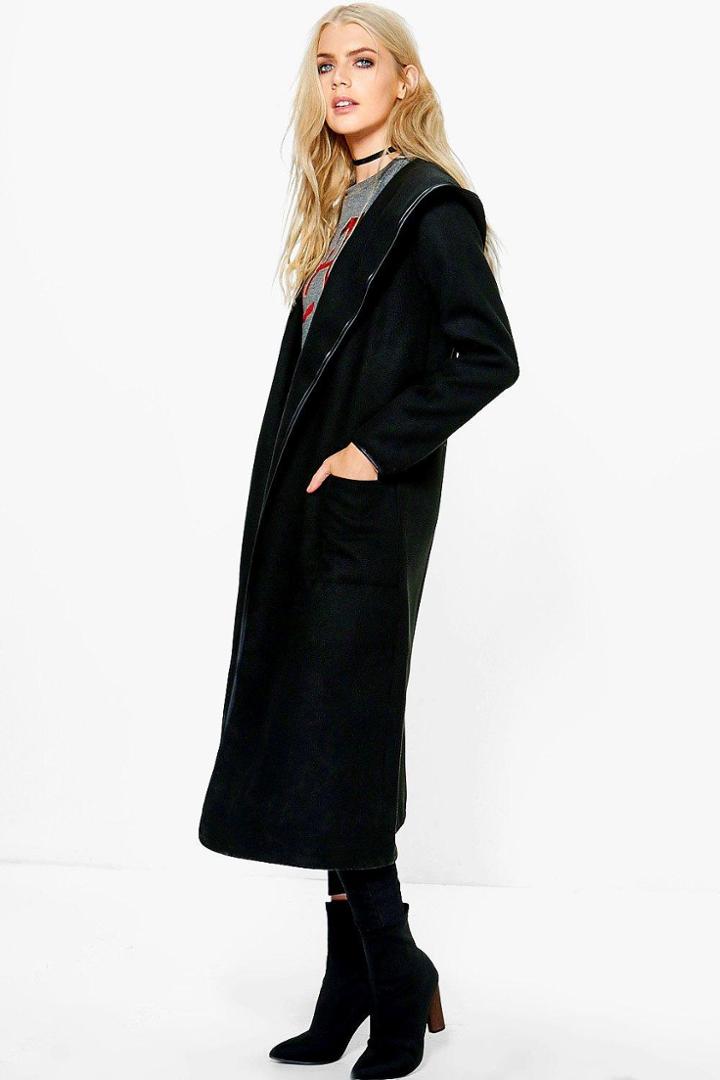 Boohoo Niamh Hooded Wool Look Coat With Pu Trim Black