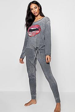 Boohoo Louise Burnout Tie Front Lounge Set