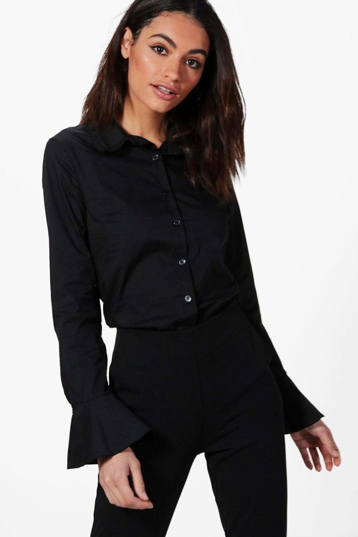 Boohoo Lela Flare Cuff Frill Detail Woven Shirt Black