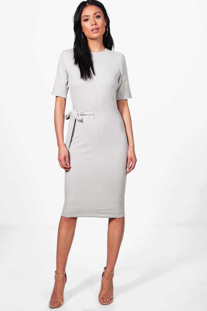 Boohoo Karina Tie Waist Midi Dress Grey