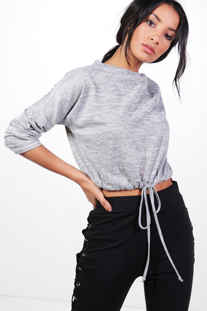 Boohoo Rebecca Drawstring Waist Batwing Knitted Top Grey