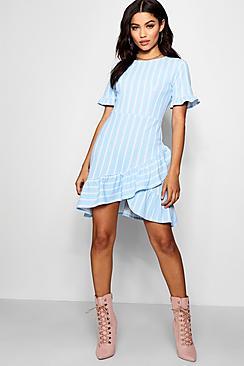 Boohoo Vic Asymmetric Ruffle Hem Stripe Shift Dress