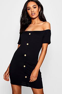 Boohoo Petite Carly Mock Horn Button Bardot Bodycon Dress