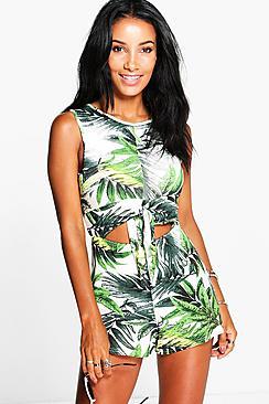 Boohoo Kimmy Palm Print Tie Front Playsuit