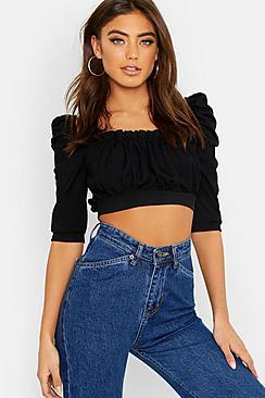 Boohoo Rib Ruffle Edge Puff Sleeve Crop