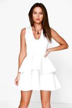 Boohoo Jennifer Plunge Neck Peplum Skater Dress Ivory