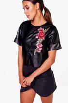 Boohoo Petite Claire Pu Embroidered Tee Black