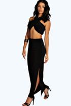 Boohoo Petite Becky Wrap Front Top And Skirt Co-ord Black
