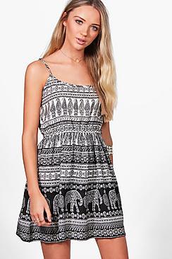 Boohoo Elise Mono Elephant Print Skater Sundress