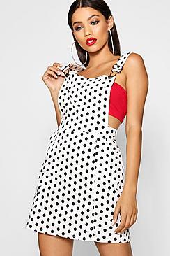 Boohoo Polka Dot Denim Pinafore Dress