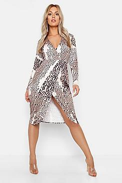Boohoo Plus Slinky Mixed Leopard Wrap Midi Dress